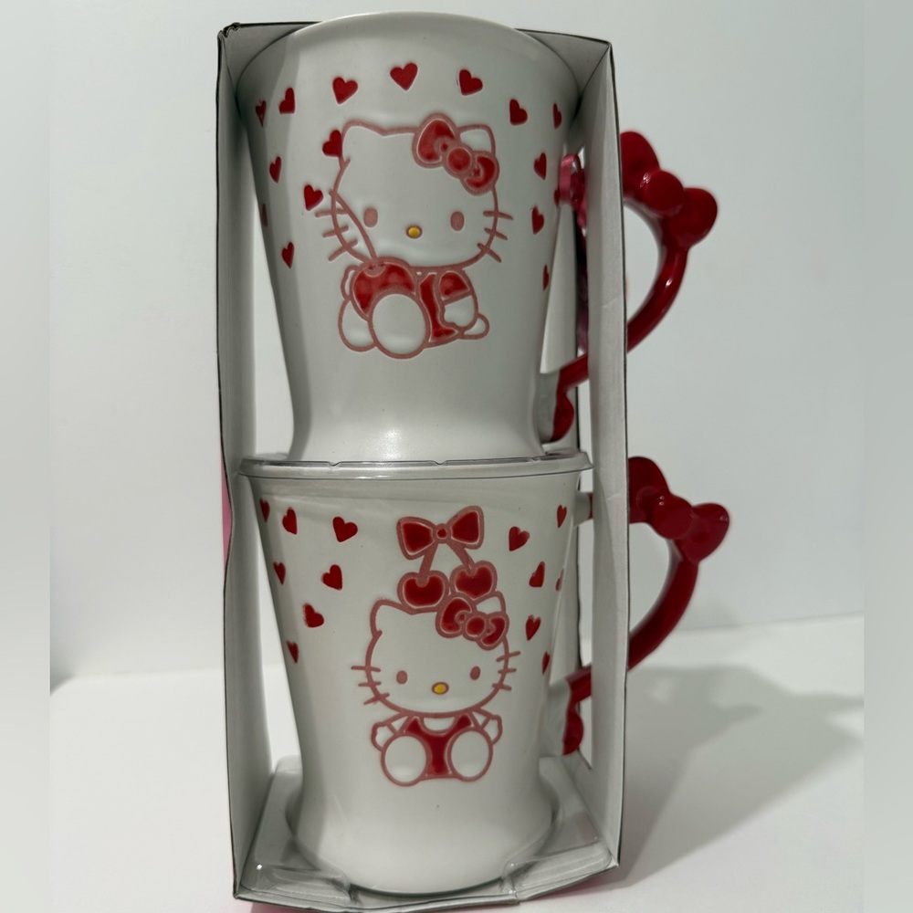 Blue Sky for Hello Kitty by Sanrio Two Coffee Mug Set Hearts, Cherries, Bows NWT